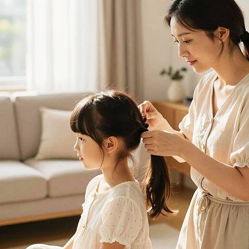 Mom Braiding Daughter's Hair in Sunlit Living Room
