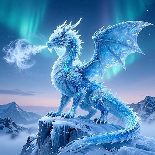 Digital illustration of a blue, glowing, ice-covered dragon standing on a snowy mountain peak, exhaling a radiant, icy breath against a northern lights backdrop