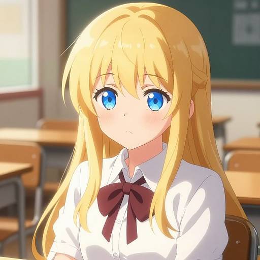 Anime-style digital illustration of a blonde girl with blue eyes, wearing a white shirt with a red bow, in a sunlit classroom.