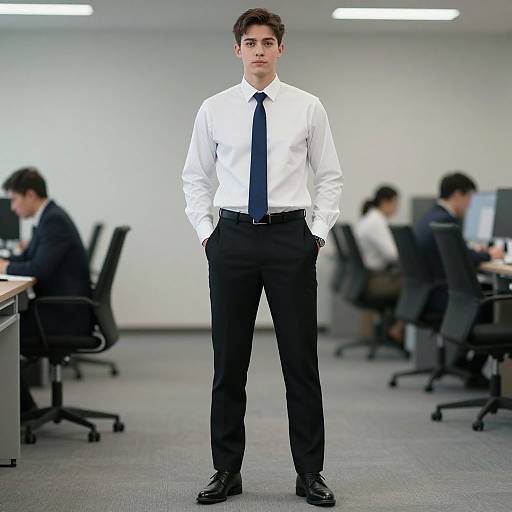 Photograph of a young man standing in a modern office, wearing a white dress shirt, black tie, and black slacks, with hands in pockets