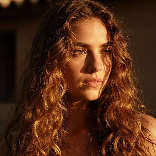 Photograph of a young woman with long, wavy brown hair, illuminated by warm sunlight, casting dramatic shadows on her face. She has fair skin