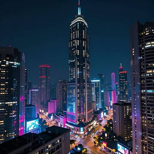 Neon-lit, nighttime cityscape photograph of a bustling urban skyline with brightly illuminated skyscrapers, vibrant pink, blue, and purple lights,