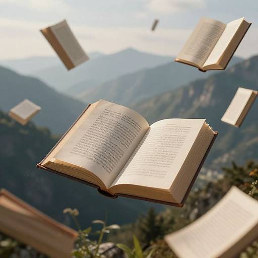 Photograph of open books floating in mid-air against a mountainous, forested landscape; sunlight illuminates pages, creating a magical, ethereal effect