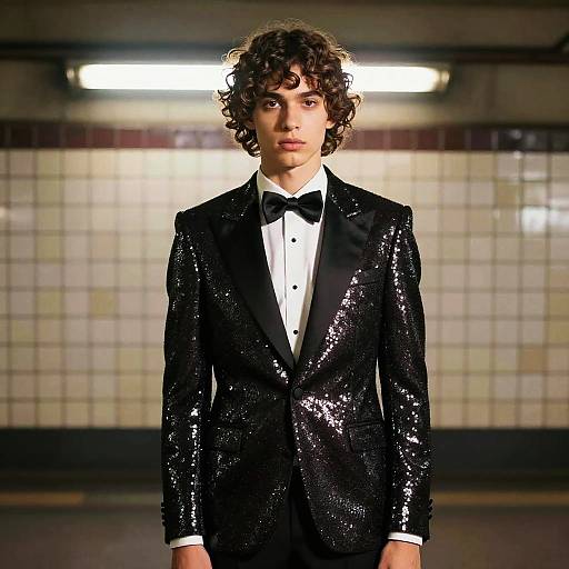 Androgynous Model in Sequined Tuxedo