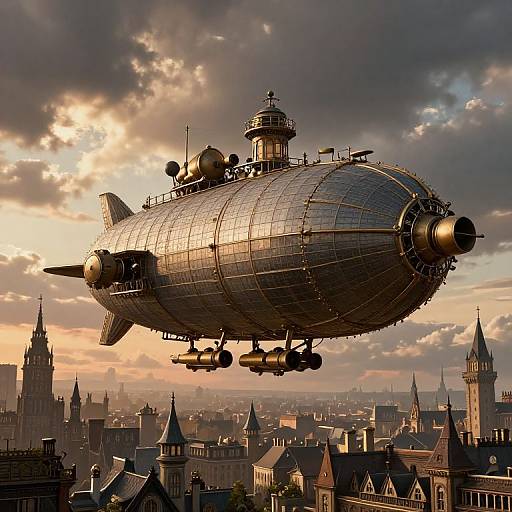 Steampunk airship with metallic, segmented hull and multiple engines flying over a gothic cityscape at sunset, dramatic clouds in background. Photoreal