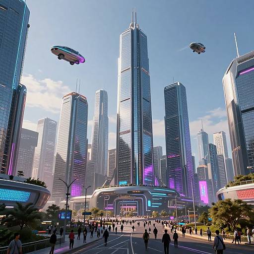 Photorealistic CGI of a futuristic cityscape with towering blue and purple-lit skyscrapers, flying hovercars, and a crowded street below.