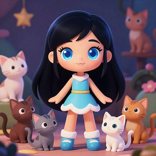 Whimsical Girl with Midnight Hair and Kittens