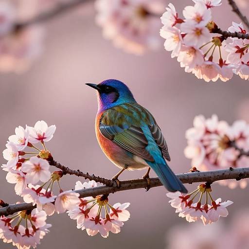 Photograph of a colorful bird with blue head, green wings, and orange chest perched on a cherry blossom branch, surrounded by glowing pink flowers.
