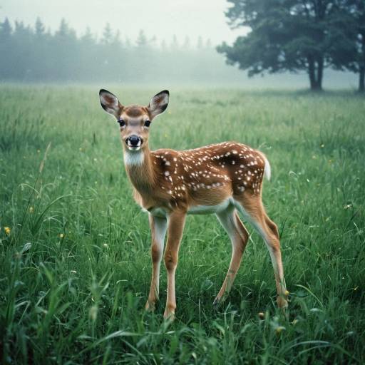 Cute Fawn in Misty Morning Meadow