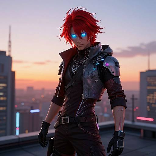 Digital art of a red-haired, glowing-blue-eyed male character with cyberpunk attire, standing on a rooftop at sunset, cityscape background.