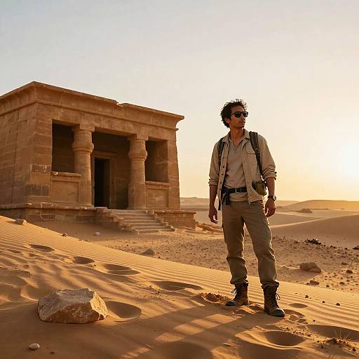 Photograph of a man in desert explorer attire standing in front of ancient stone temple, sun setting over golden sand dunes.