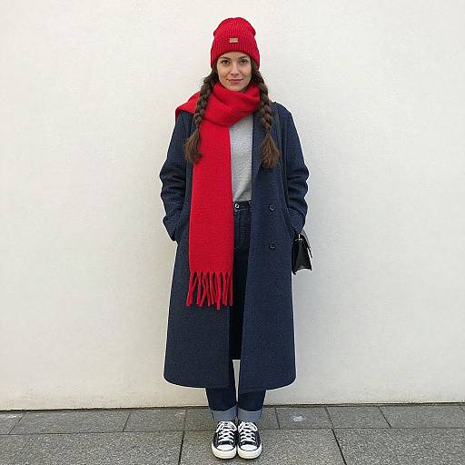 Photograph of a young woman with long braids, wearing a red beanie, red scarf, gray sweater, navy coat, black pants, and