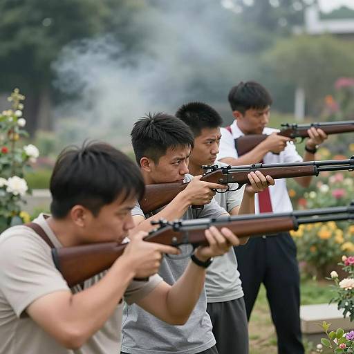 Intense Garden Standoff: Men with Rifles