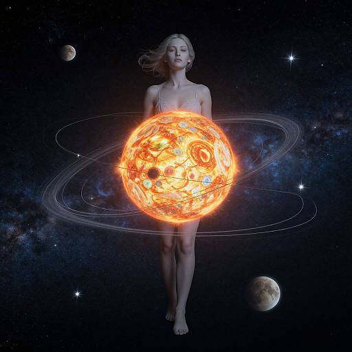 Digital artwork of a blonde woman floating in space, holding a glowing, fiery sun with rings, surrounded by stars and planets.
