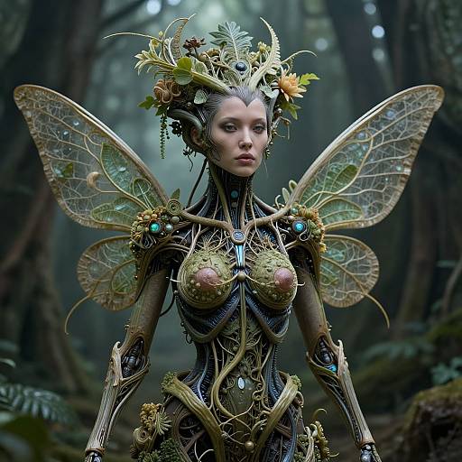 Digital artwork of a fairy-like woman with intricate, nature-themed armor, large transparent wings, and floral headdress, standing in a mystical forest.