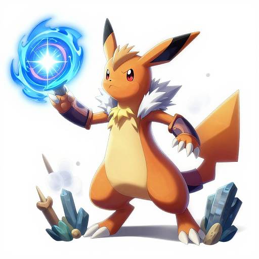 Digital art of an Eevee-like Pokémon with orange fur, white chest, and red eyes, casting a glowing blue magic spell, surrounded by floating