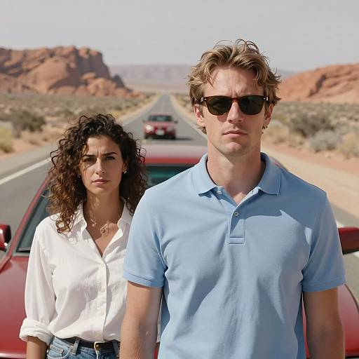 Desert Road Encounter with a Red Car