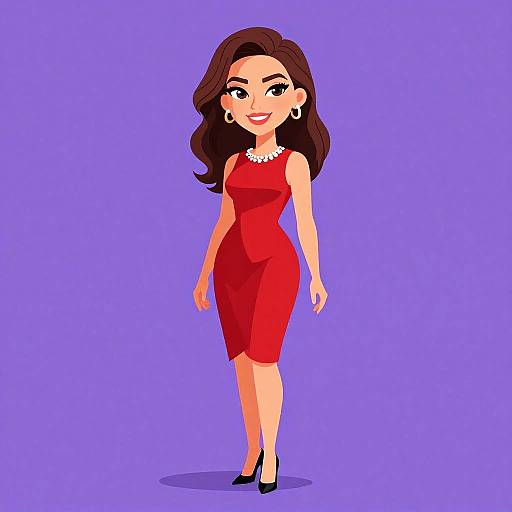 Cartoon woman with long brown hair, red dress, black heels, pearl necklace, and earrings, smiling, walking on purple background.