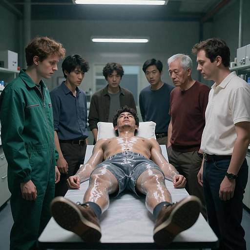 Group of Men Observing Man Covered in Shiny Substance in Laboratory