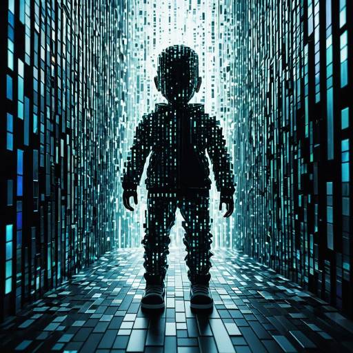 3D Glass Android Child in Pixelated Cascade