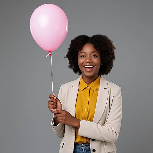 Photograph of a smiling Black woman with curly hair, wearing a white blazer and yellow shirt, holding a pink balloon against a gray background.