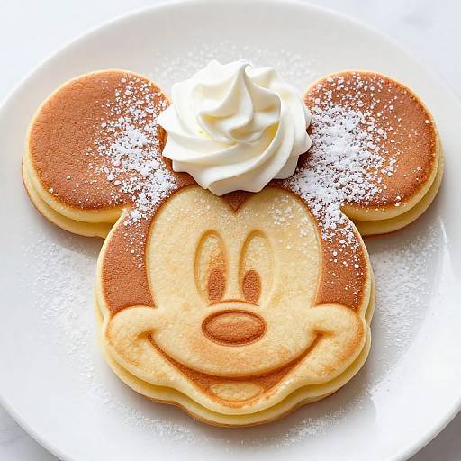 Photograph of Mickey Mouse-shaped pancakes with two round ears and a smiling face, topped with whipped cream and powdered sugar on a white plate.