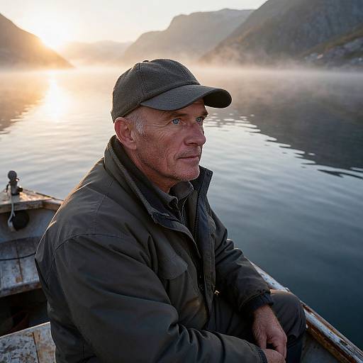 Photograph of a middle-aged, white man with short gray hair, wearing a gray cap and dark jacket, sitting in a wooden boat on a serene