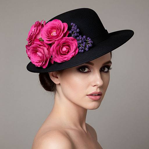 Photograph of a fair-skinned woman with dark hair in an updo, wearing a black hat adorned with pink roses and purple sequins, looking