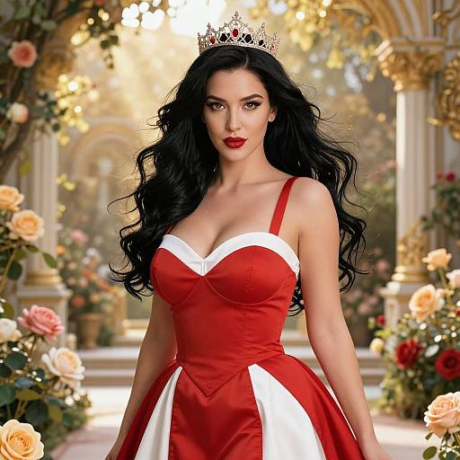 Photograph-style digital artwork of a fair-skinned woman with long black hair, wearing a red and white strapless dress, crown, and red lipstick