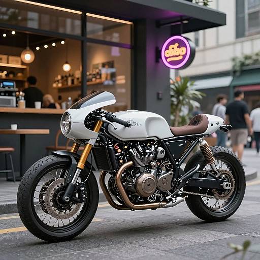 Photograph of a white cafe-racer motorcycle with black and gold accents parked in front of a modern, lit-up cafe with a neon sign and blurred