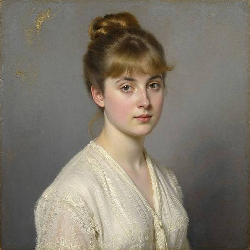 Classical portrait painting of a young, fair-skinned woman with brown hair in a bun, wearing a white, sheer blouse against a gray background.