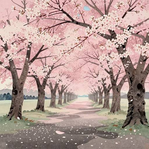 Digital artwork of a serene cherry blossom tree-lined path, with pink flowers, falling petals, and a bright, sunlit horizon.
