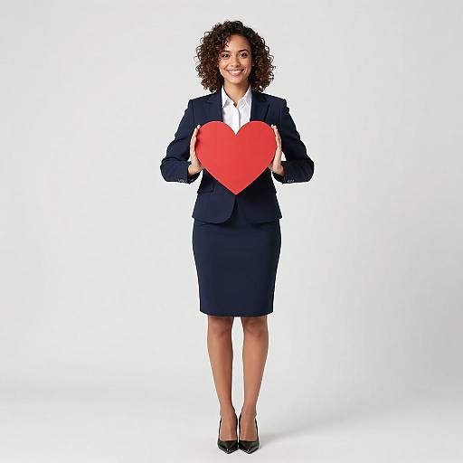 Photograph of a smiling, curly-haired woman in a navy business suit, white shirt, and black heels, holding a large red heart against a plain