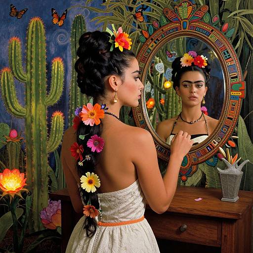 Photograph-style digital art: Dark-haired woman with floral crown and backless white dress gazes in colorful, patterned mirror, surrounded by cact