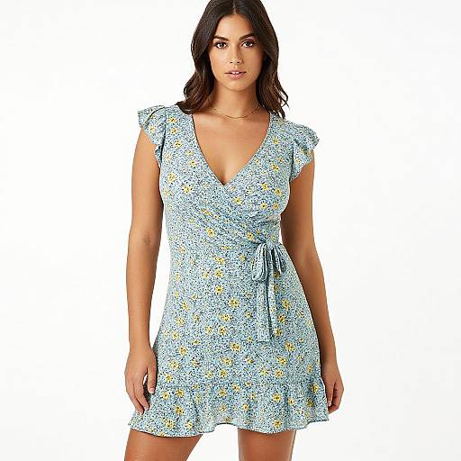 Photograph of a dark-haired woman with medium skin tone, wearing a light blue, V-neck, floral-patterned dress with short sleeves and a tie