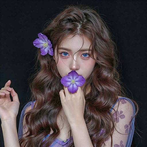 Young Woman with Blue Eyes and Purple Flowers