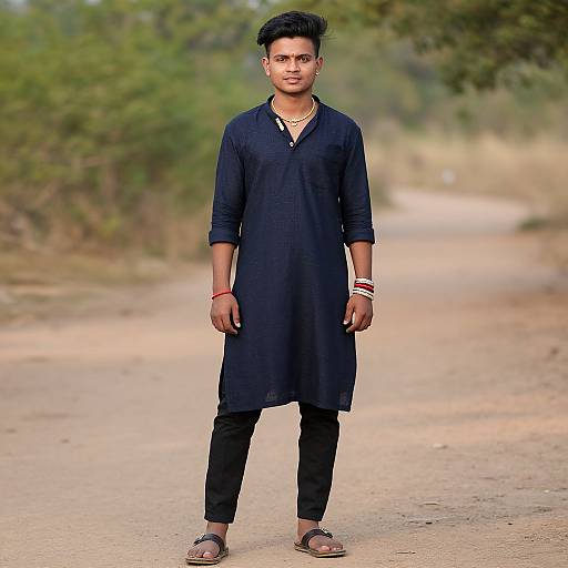 Photograph of a young man with short black hair, wearing a black long kurta, black pants, brown sandals, and red and white bracelets,