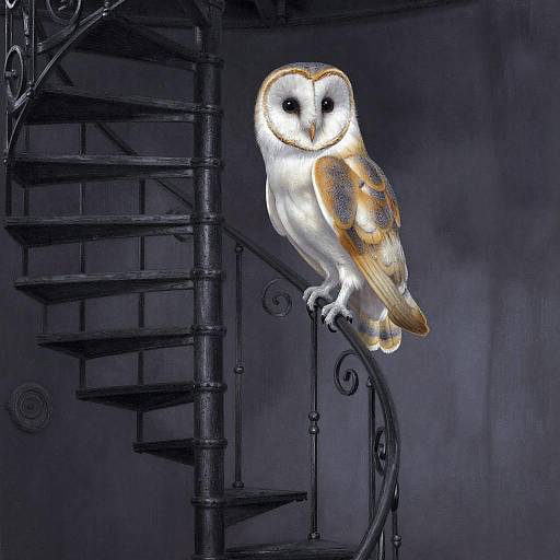 Photograph-style digital illustration of a white and brown barn owl perched on a black, spiral metal staircase in a dark, moody background.