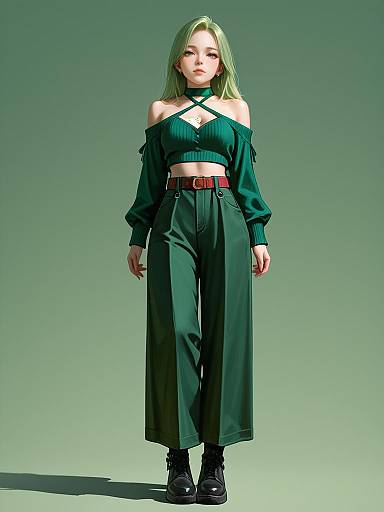 Photorealistic CGI of a young woman with light green hair, wearing a green off-shoulder top, high-waisted black pants, and