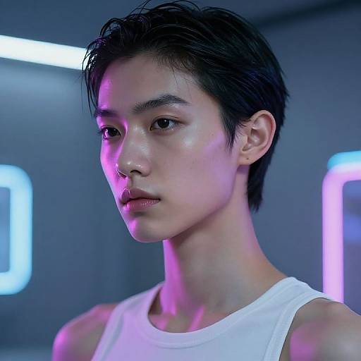Photograph of an androgynous Asian person with short, wet black hair, wearing a white tank top, in a neon-lit, futuristic