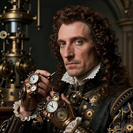 Photorealistic portrait of a curly-haired, pale-skinned man in elaborate, steampunk-inspired clockwork attire, holding a large clock face,