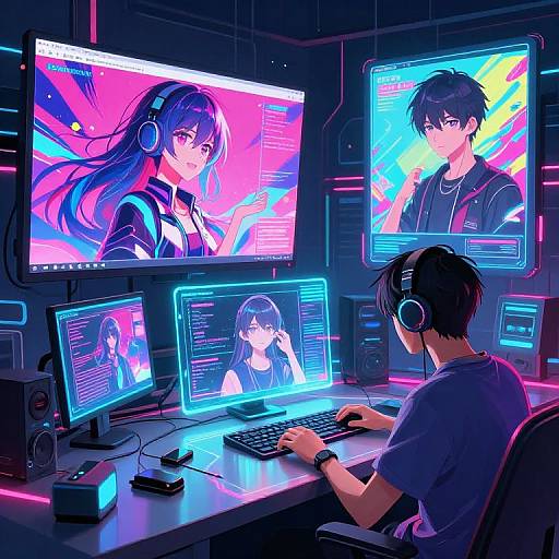 Neon-lit digital artwork: Male gamer with headphones, blue hair, wearing a gray shirt, sits at a desk with four screens displaying vibrant anime