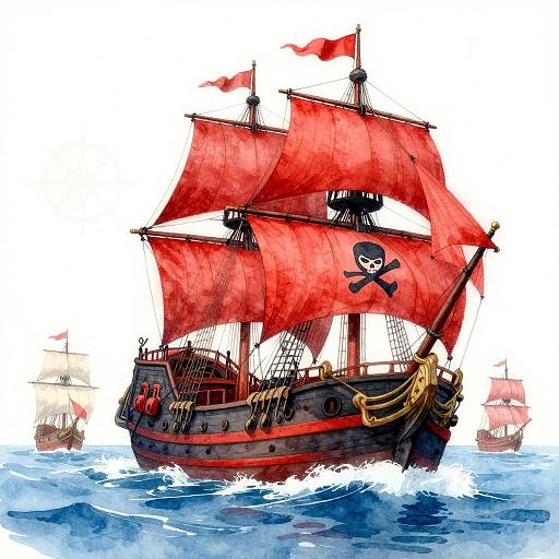 Colorful digital illustration of a pirate ship with red sails, black hull, and a white skull and crossbones flag, sailing on blue ocean waves.