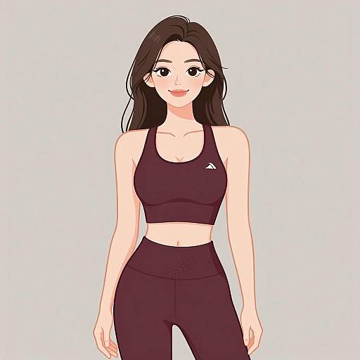 Digital anime-style drawing of a smiling young woman with long dark hair, fair skin, wearing a black sports bra and matching high-waisted leggings.