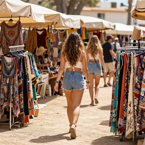 Photograph of a sunny outdoor market: woman with long brown hair in white crop top and denim shorts walks past colorful, patterned clothing racks and tents