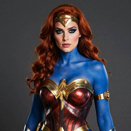 Photograph of a woman with blue-painted skin, long red hair, wearing a Wonder Woman costume with gold accents and red bustier, against a