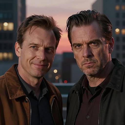 Two Men at Sunset with Intense Expressions