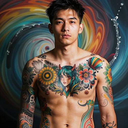 Vibrant Tattooed Man in Swirling Waters