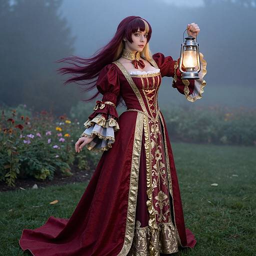 Photograph of a pale-skinned woman with long red hair in an elaborate, maroon and gold Renaissance-style dress holding a lantern in a misty