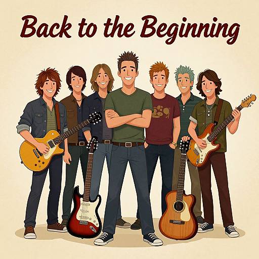 Digital illustration of six smiling male musicians with varied hairstyles, holding electric and acoustic guitars, standing in a line, 